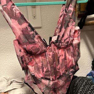 Floral Pink and Black Corset Bodysuit